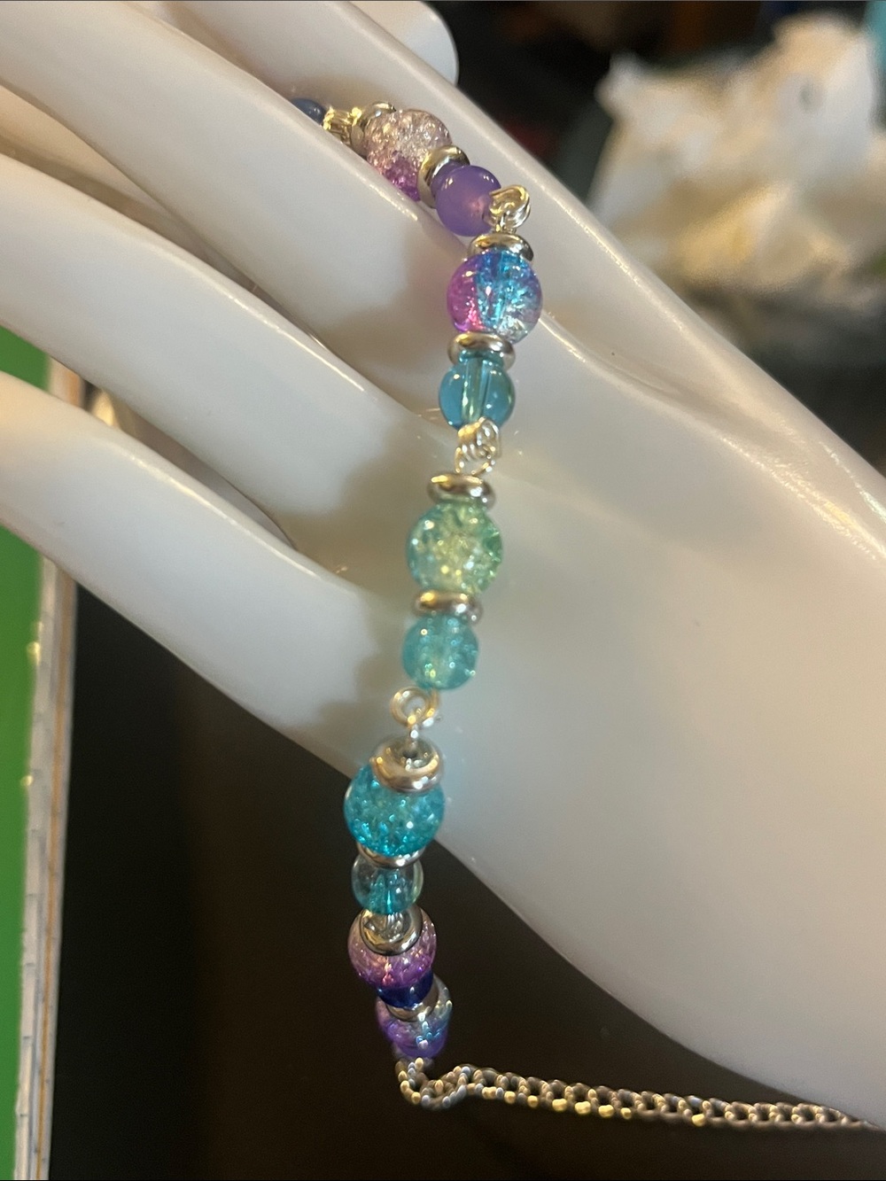 Colorful Glass Bead Bracelet - Turquoise & Purple Handmade Bracelet 19 Adjust